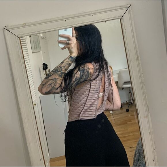 ⭐️Open back pink striped mesh bodysuit women’s medium - Picture 2 of 7